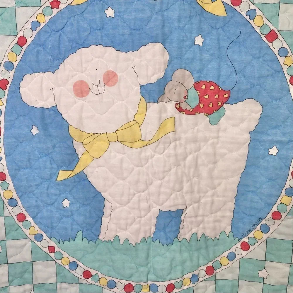 Vintage Quilted Lamb Sheep and Mouse Crib Size Baby Blanket